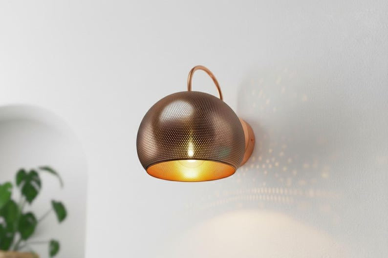 Handmade Moroccan Brass Wall Sconce – Perforated Copper Brass Dome Wall Light with Curved Arm, Warm Boho Mediterranean Bedside Lamp for Bedroom, Hallway, Bathroom & Entryway