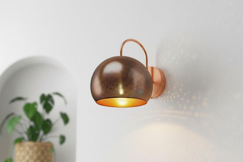 Handmade Moroccan Brass Wall Sconce – Perforated Copper Brass Dome Wall Light with Curved Arm, Warm Boho Mediterranean Bedside Lamp for Bedroom, Hallway, Bathroom & Entryway