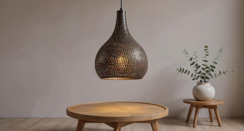 Perforated Teardrop Copper Pendant Light, Handmade Moroccan Pierced Copper Chandelier, Rustic Kitchen Island Hanging Lamp, Boho Farmhouse Ceiling Light Fixture