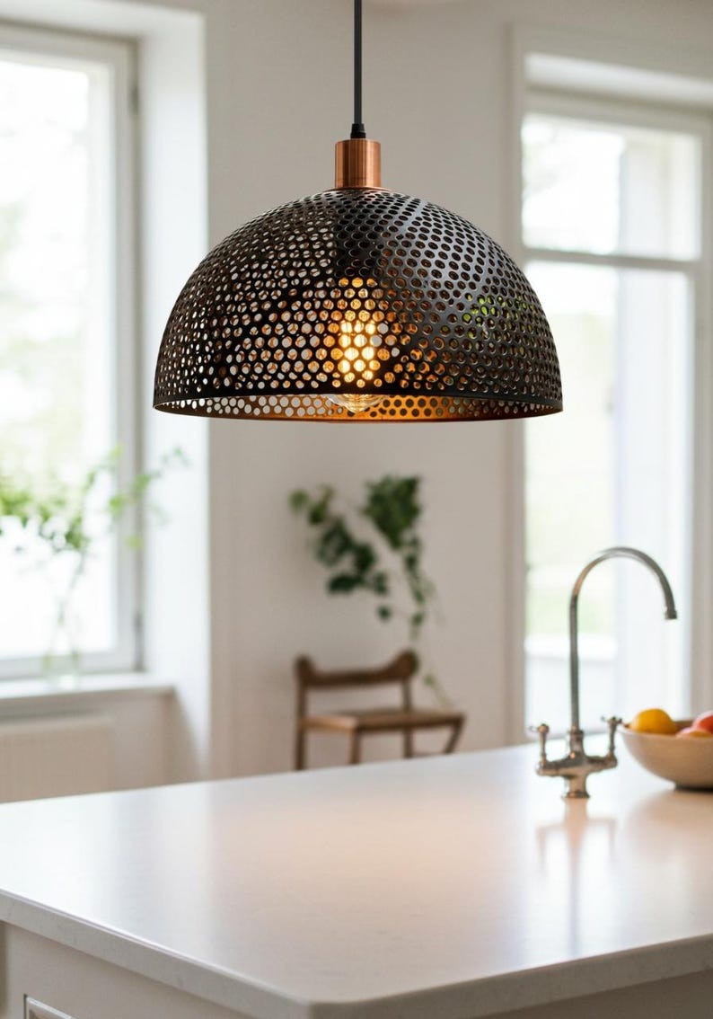 Handmade Moroccan Brass Pendant Light – Pierced Black Dome Ceiling Lamp with Perforated Metalwork, Copper Accents & Patterned Ambient Glow
