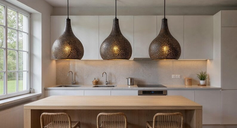 Perforated Teardrop Copper Pendant Light, Handmade Moroccan Pierced Copper Chandelier, Rustic Kitchen Island Hanging Lamp, Boho Farmhouse Ceiling Light Fixture