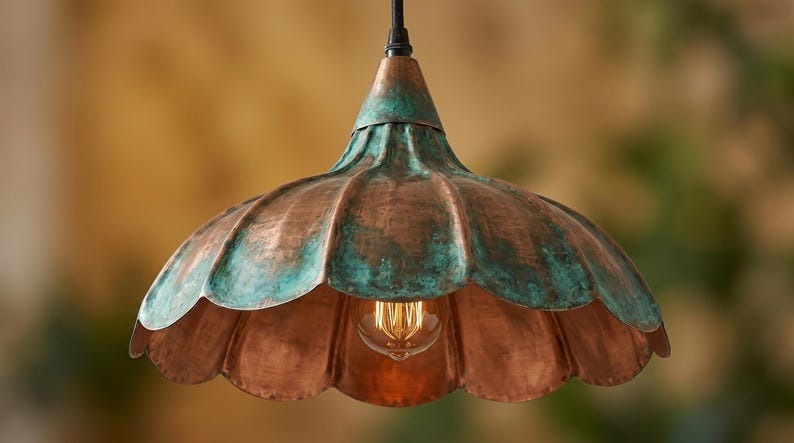 Handmade Brass Moroccan Flower Pendant Light – Verdigris Green Patina & Copper Petal Hanging Lamp, Rustic Boho Kitchen Island Ceiling Fixture