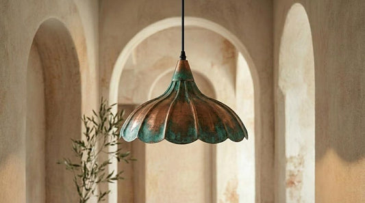 Handmade Brass Moroccan Flower Pendant Light – Verdigris Green Patina & Copper Petal Hanging Lamp, Rustic Boho Kitchen Island Ceiling Fixture