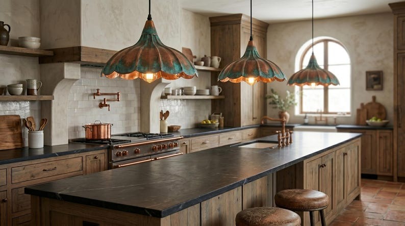 Handmade Brass Moroccan Flower Pendant Light – Verdigris Green Patina & Copper Petal Hanging Lamp, Rustic Boho Kitchen Island Ceiling Fixture
