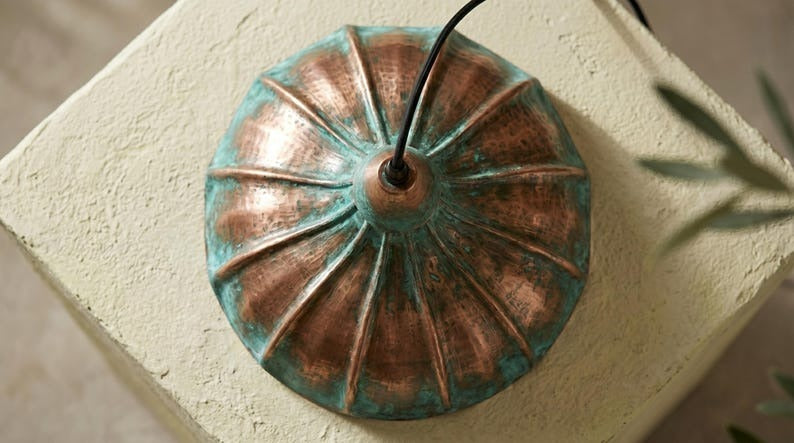 Handmade Brass Moroccan Flower Pendant Light – Verdigris Green Patina & Copper Petal Hanging Lamp, Rustic Boho Kitchen Island Ceiling Fixture