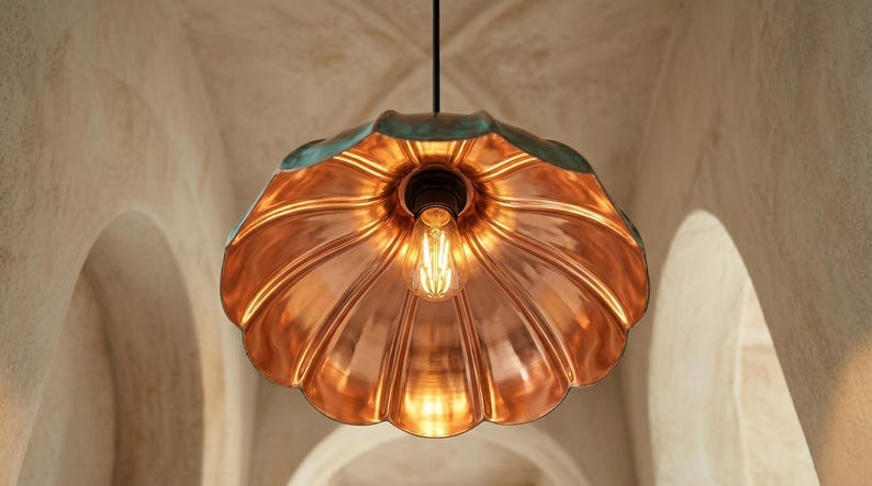 Handmade Brass Moroccan Flower Pendant Light – Verdigris Green Patina & Copper Petal Hanging Lamp, Rustic Boho Kitchen Island Ceiling Fixture
