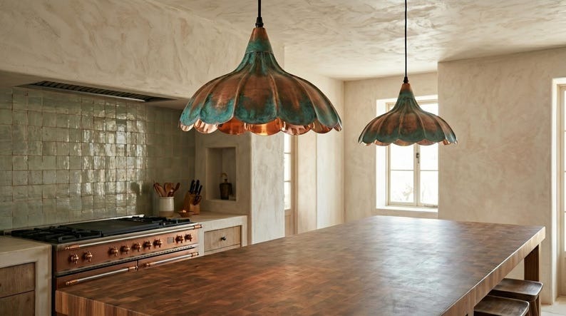 Handmade Brass Moroccan Flower Pendant Light – Verdigris Green Patina & Copper Petal Hanging Lamp, Rustic Boho Kitchen Island Ceiling Fixture