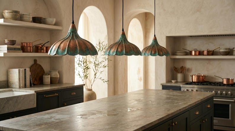 Handmade Brass Moroccan Flower Pendant Light – Verdigris Green Patina & Copper Petal Hanging Lamp, Rustic Boho Kitchen Island Ceiling Fixture