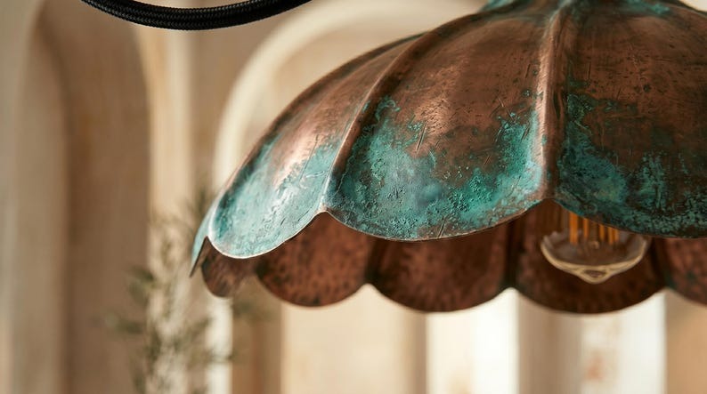 Handmade Brass Moroccan Flower Pendant Light – Verdigris Green Patina & Copper Petal Hanging Lamp, Rustic Boho Kitchen Island Ceiling Fixture