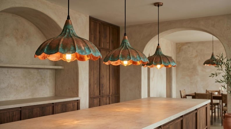 Handmade Brass Moroccan Flower Pendant Light – Verdigris Green Patina & Copper Petal Hanging Lamp, Rustic Boho Kitchen Island Ceiling Fixture