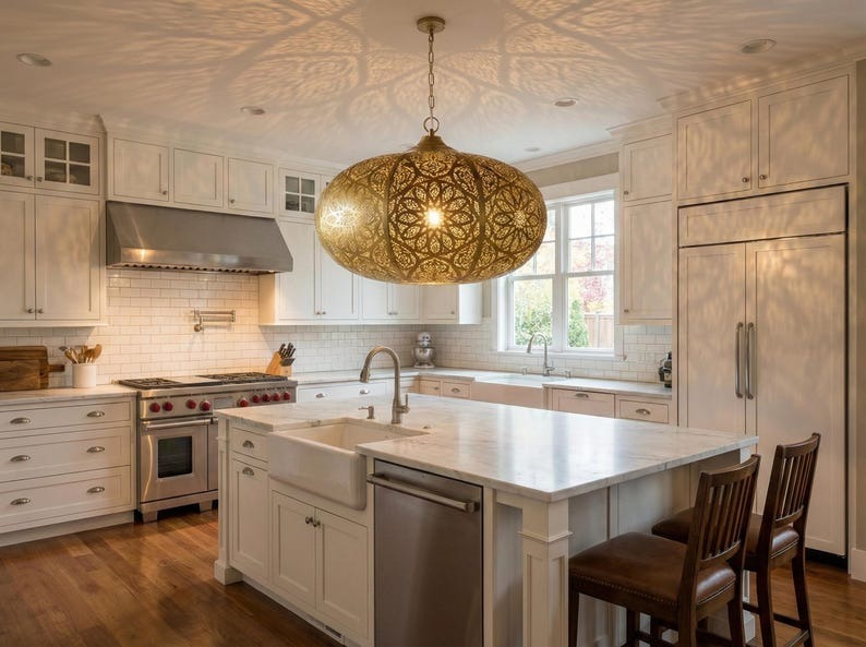 Large Moroccan Pierced Brass Globe Pendant Light – Oversized Filigree Chandelier with Floral Shadow Pattern