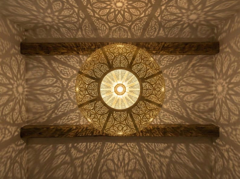 Large Moroccan Pierced Brass Globe Pendant Light – Oversized Filigree Chandelier with Floral Shadow Pattern