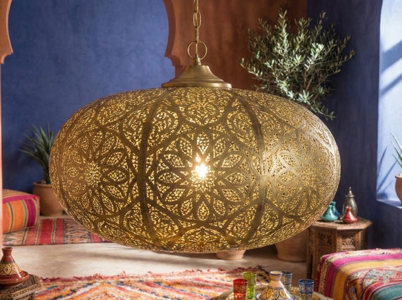 Large Moroccan Pierced Brass Globe Pendant Light – Oversized Filigree Chandelier with Floral Shadow Pattern