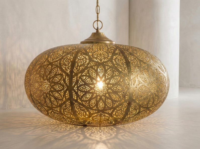 Large Moroccan Pierced Brass Globe Pendant Light – Oversized Filigree Chandelier with Floral Shadow Pattern