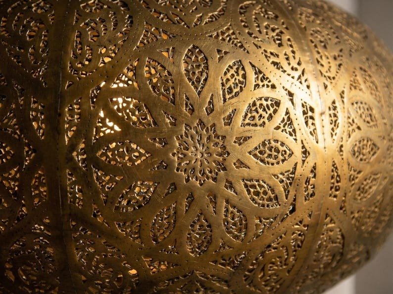 Large Moroccan Pierced Brass Globe Pendant Light – Oversized Filigree Chandelier with Floral Shadow Pattern