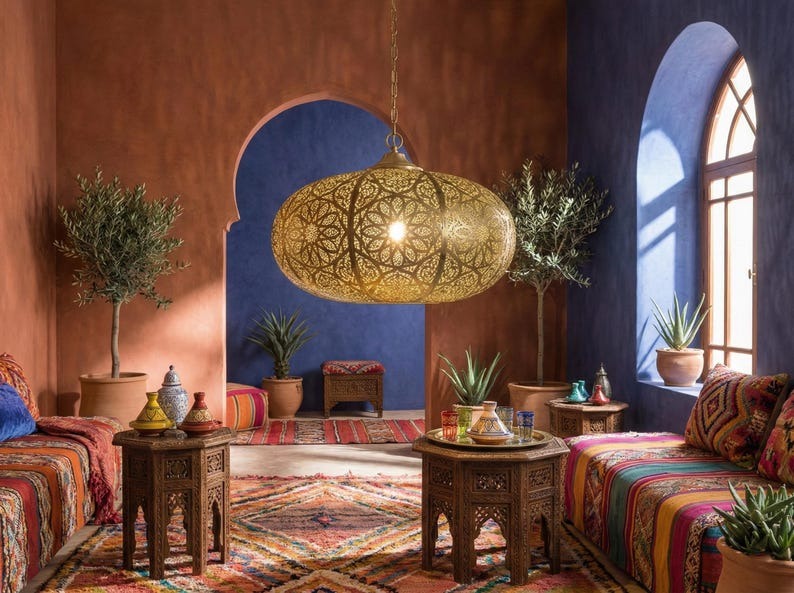 Large Moroccan Pierced Brass Globe Pendant Light – Oversized Filigree Chandelier with Floral Shadow Pattern