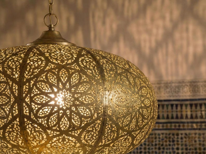 Large Moroccan Pierced Brass Globe Pendant Light – Oversized Filigree Chandelier with Floral Shadow Pattern