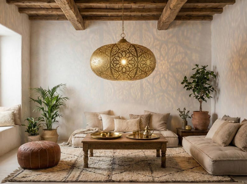 Large Moroccan Pierced Brass Globe Pendant Light – Oversized Filigree Chandelier with Floral Shadow Pattern