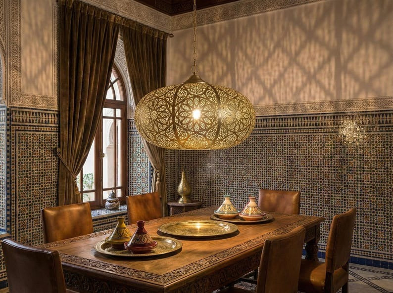 Large Moroccan Pierced Brass Globe Pendant Light – Oversized Filigree Chandelier with Floral Shadow Pattern