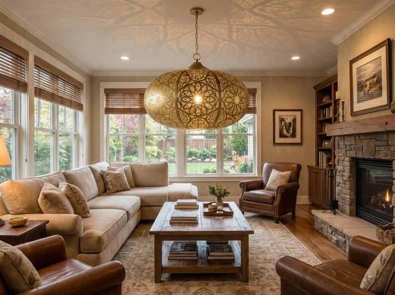Large Moroccan Pierced Brass Globe Pendant Light – Oversized Filigree Chandelier with Floral Shadow Pattern
