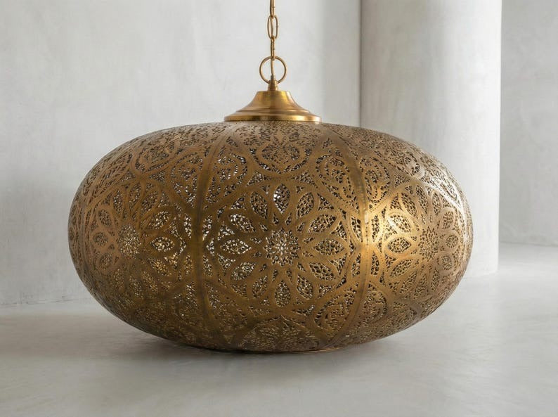 Large Moroccan Pierced Brass Globe Pendant Light – Oversized Filigree Chandelier with Floral Shadow Pattern