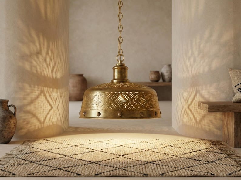 Moroccan Pierced Brass Pendant Light – Antique Gold Geometric Dome Chandelier with Shadow Pattern