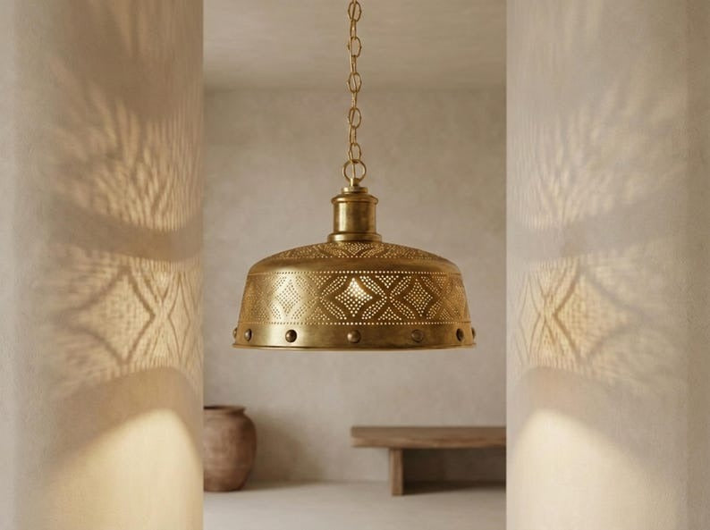 Moroccan Pierced Brass Pendant Light – Antique Gold Geometric Dome Chandelier with Shadow Pattern