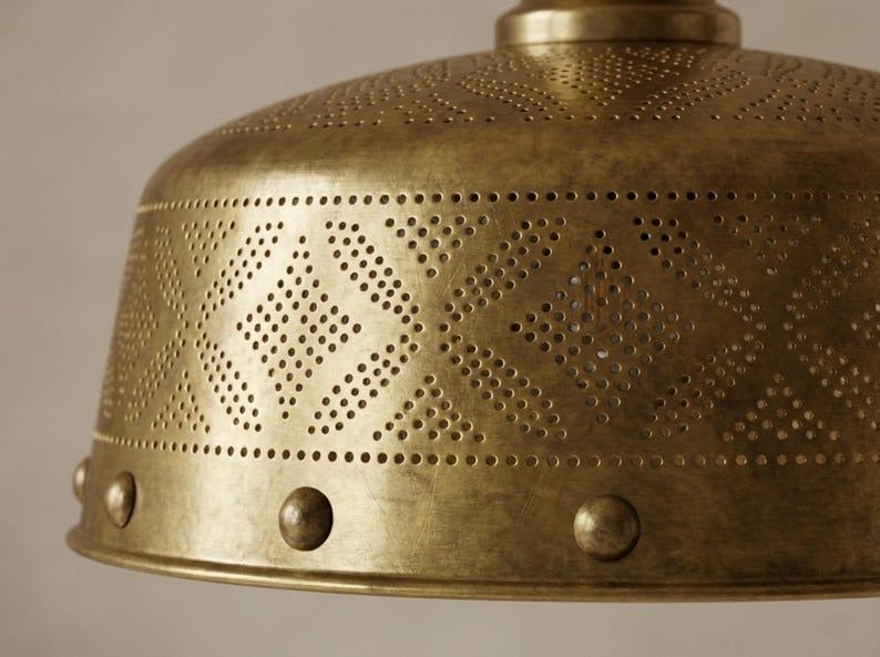 Moroccan Pierced Brass Pendant Light – Antique Gold Geometric Dome Chandelier with Shadow Pattern