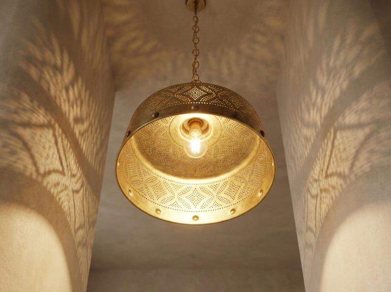 Moroccan Pierced Brass Pendant Light – Antique Gold Geometric Dome Chandelier with Shadow Pattern