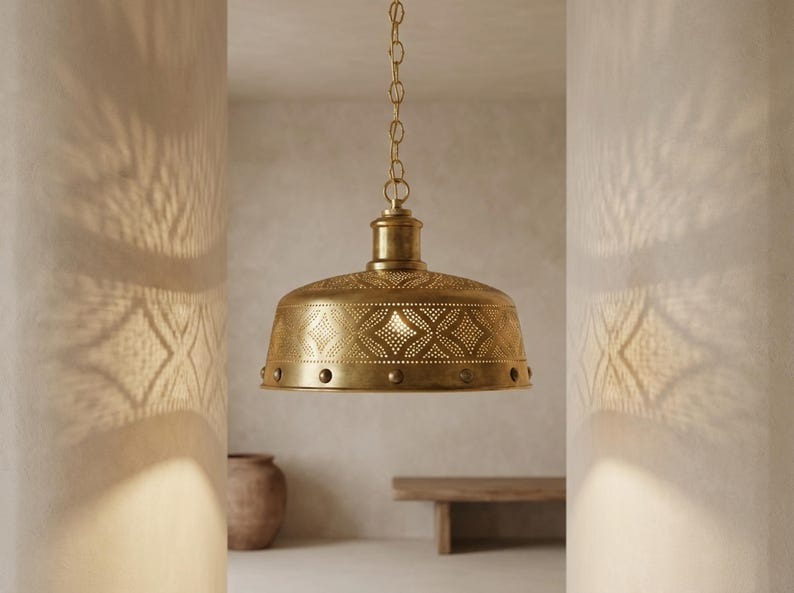 Moroccan Pierced Brass Pendant Light – Antique Gold Geometric Dome Chandelier with Shadow Pattern