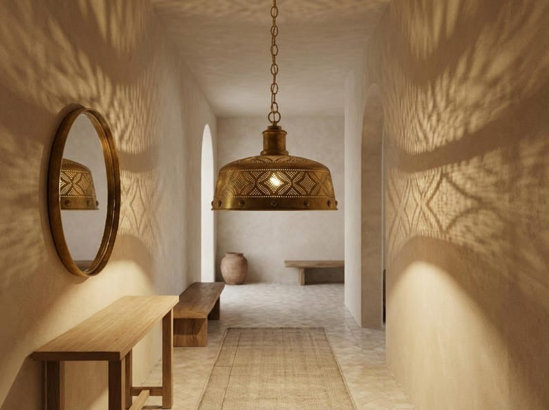 Moroccan Pierced Brass Pendant Light – Antique Gold Geometric Dome Chandelier with Shadow Pattern