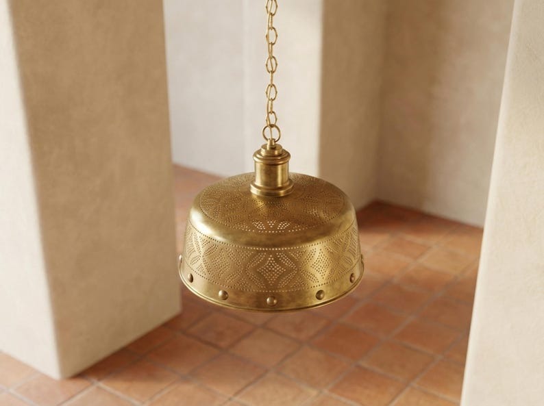 Moroccan Pierced Brass Pendant Light – Antique Gold Geometric Dome Chandelier with Shadow Pattern