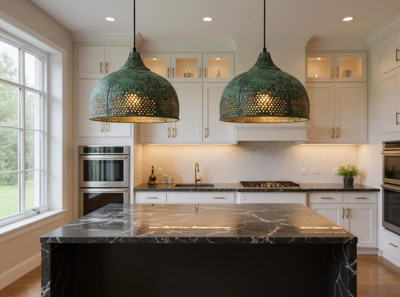 Green Patina Pierced Copper Dome Pendant Light, Handmade Moroccan Verdigris Copper Chandelier, Perforated Kitchen Island Hanging Lamp, Rustic Boho Farmhouse Ceiling Light Fixture