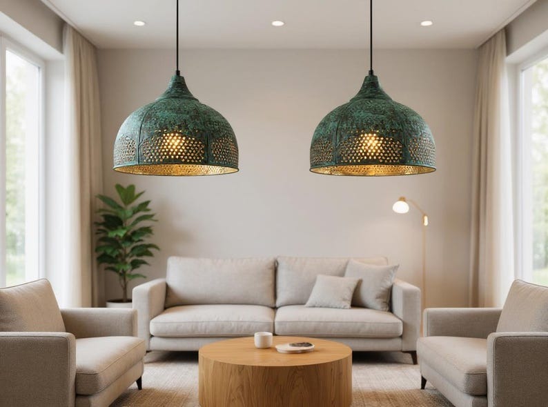 Green Patina Pierced Copper Dome Pendant Light, Handmade Moroccan Verdigris Copper Chandelier, Perforated Kitchen Island Hanging Lamp, Rustic Boho Farmhouse Ceiling Light Fixture