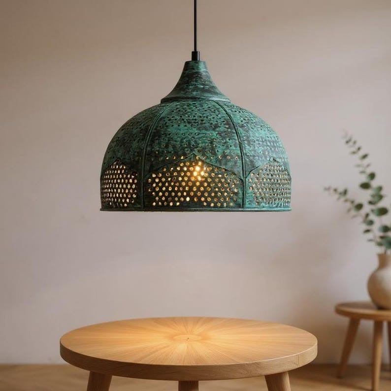Green Patina Pierced Copper Dome Pendant Light, Handmade Moroccan Verdigris Copper Chandelier, Perforated Kitchen Island Hanging Lamp, Rustic Boho Farmhouse Ceiling Light Fixture