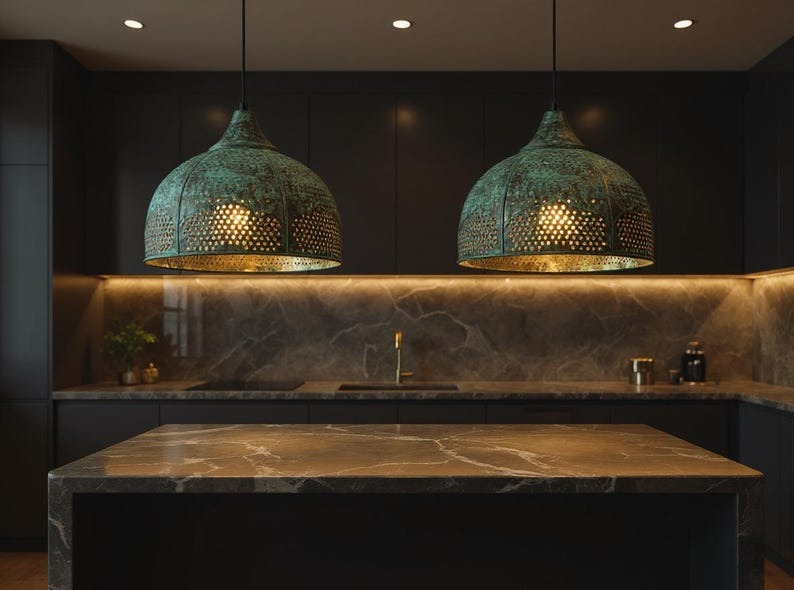 Green Patina Pierced Copper Dome Pendant Light, Handmade Moroccan Verdigris Copper Chandelier, Perforated Kitchen Island Hanging Lamp, Rustic Boho Farmhouse Ceiling Light Fixture