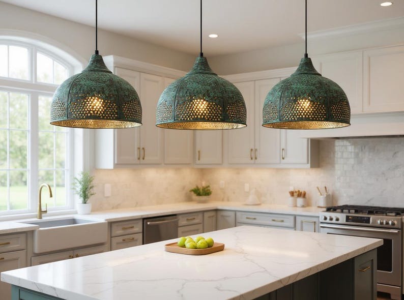 Green Patina Pierced Copper Dome Pendant Light, Handmade Moroccan Verdigris Copper Chandelier, Perforated Kitchen Island Hanging Lamp, Rustic Boho Farmhouse Ceiling Light Fixture