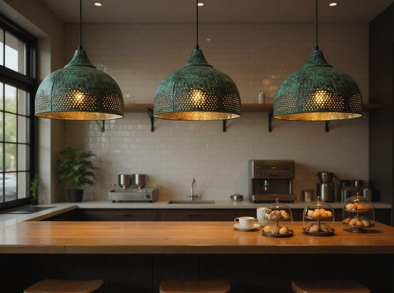 Green Patina Pierced Copper Dome Pendant Light, Handmade Moroccan Verdigris Copper Chandelier, Perforated Kitchen Island Hanging Lamp, Rustic Boho Farmhouse Ceiling Light Fixture