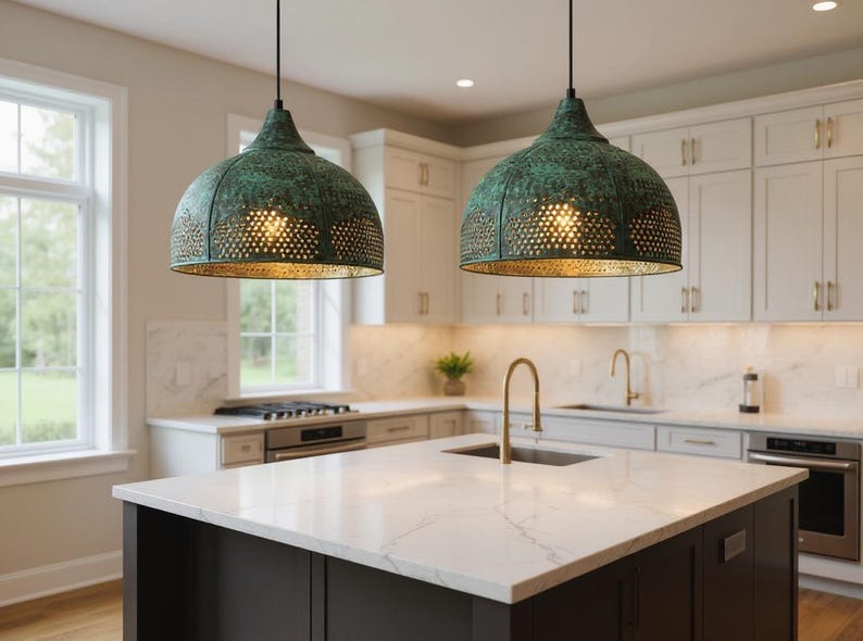 Green Patina Pierced Copper Dome Pendant Light, Handmade Moroccan Verdigris Copper Chandelier, Perforated Kitchen Island Hanging Lamp, Rustic Boho Farmhouse Ceiling Light Fixture