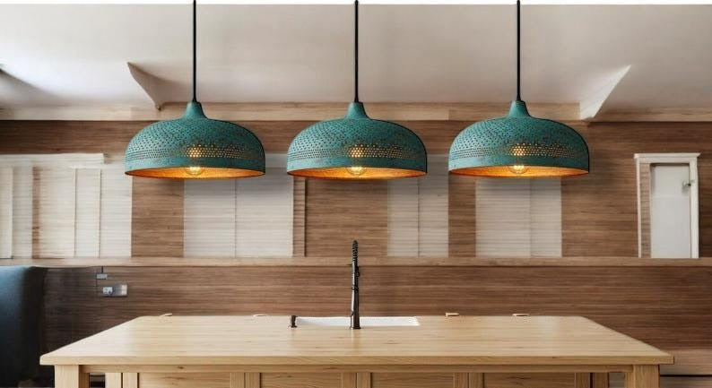 Verdigris Brass Pierced Dome Pendant Light – Turquoise Moroccan Chandelier with Warm Copper Interior