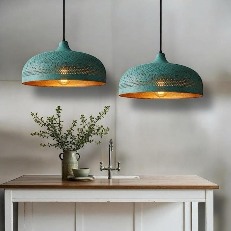 Verdigris Brass Pierced Dome Pendant Light – Turquoise Moroccan Chandelier with Warm Copper Interior