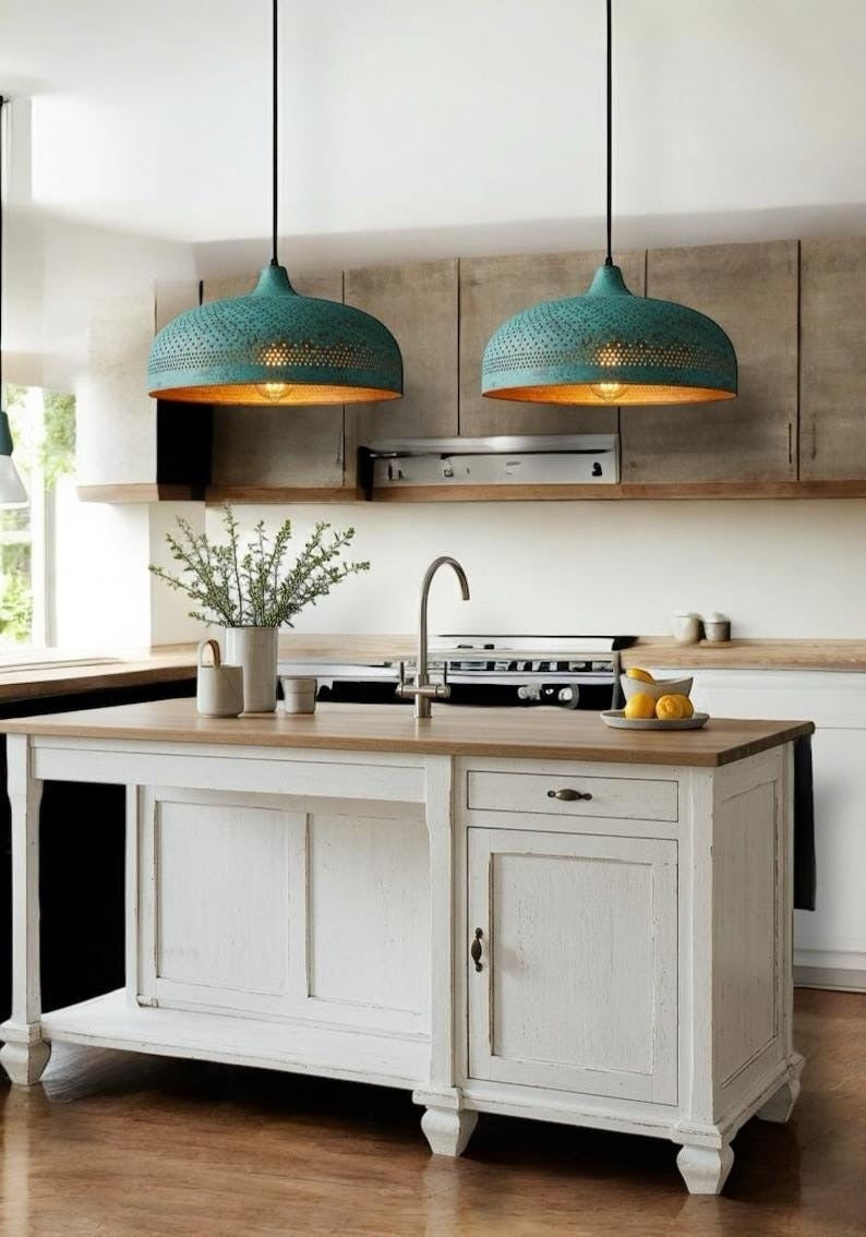 Verdigris Brass Pierced Dome Pendant Light – Turquoise Moroccan Chandelier with Warm Copper Interior