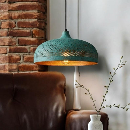 Verdigris Brass Pierced Dome Pendant Light – Turquoise Moroccan Chandelier with Warm Copper Interior