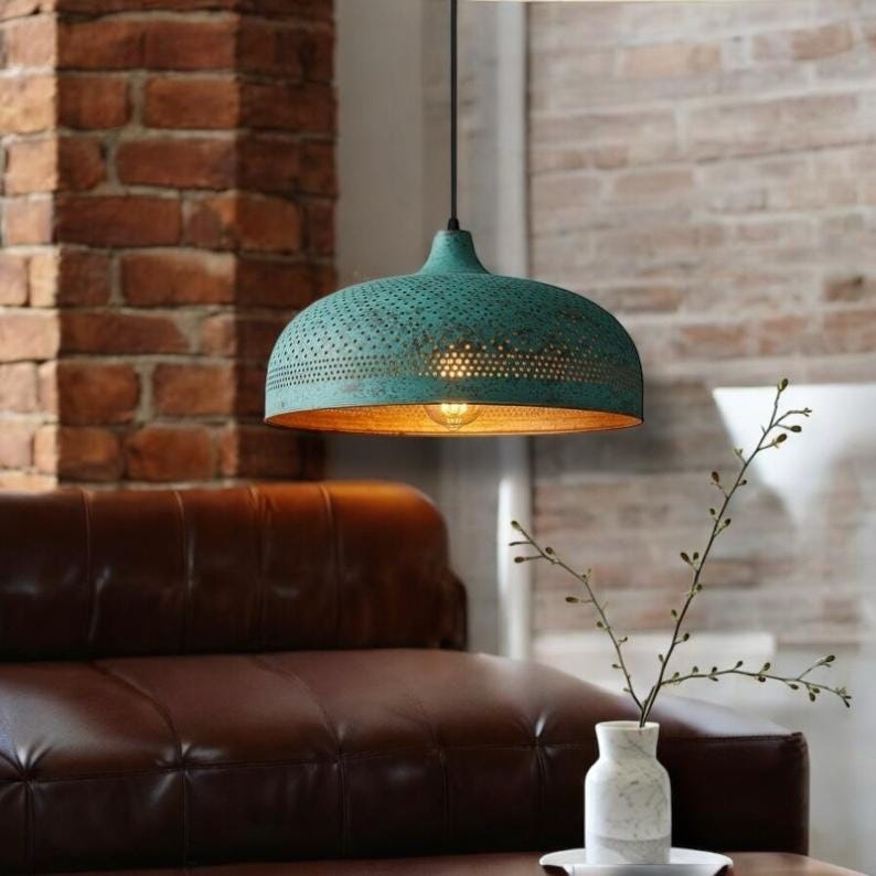 Verdigris Brass Pierced Dome Pendant Light – Turquoise Moroccan Chandelier with Warm Copper Interior