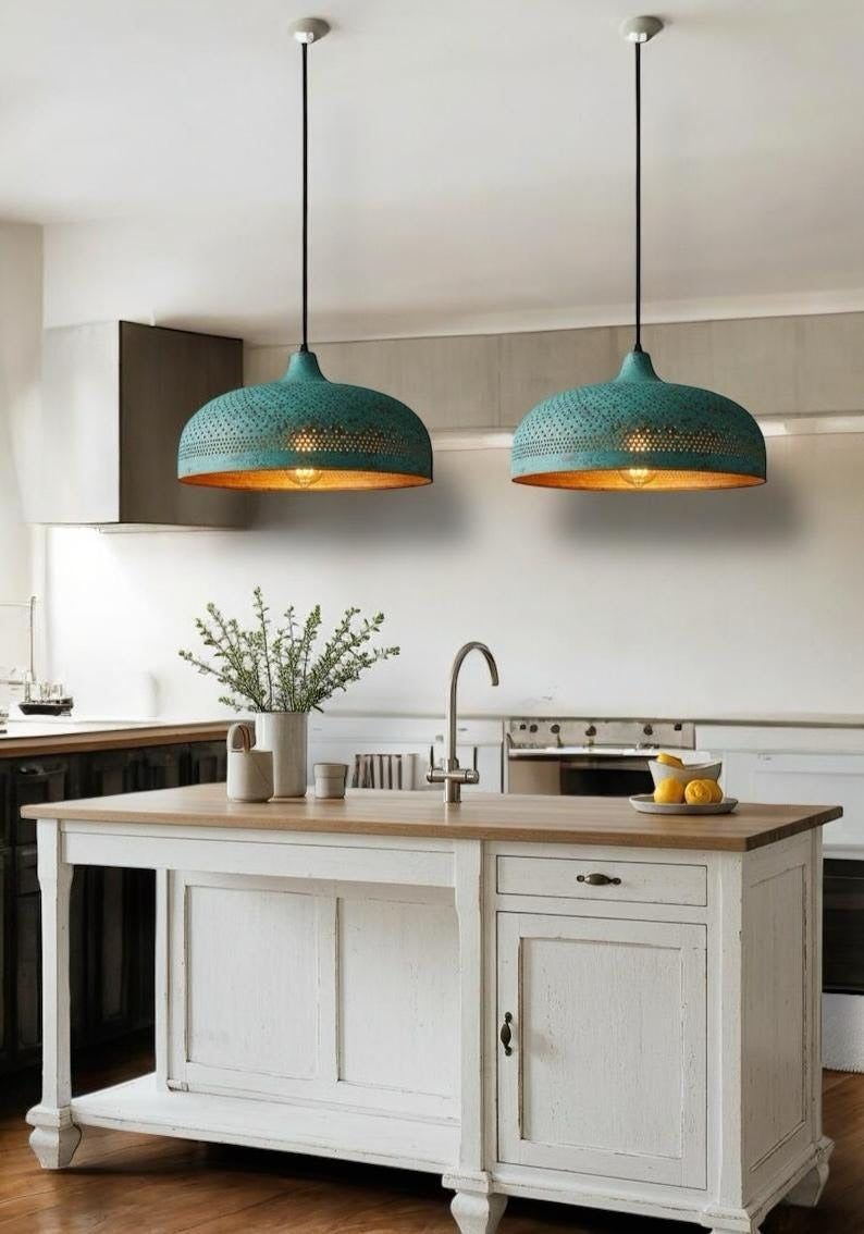 Verdigris Brass Pierced Dome Pendant Light – Turquoise Moroccan Chandelier with Warm Copper Interior