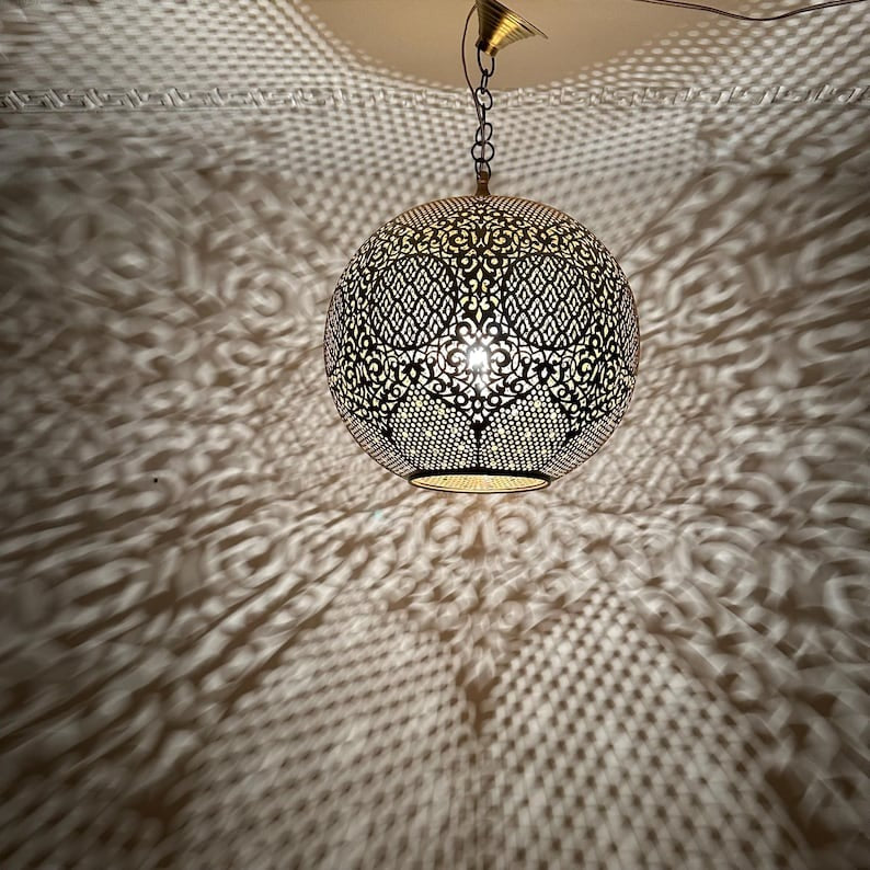 Handmade Moroccan Brass Pendant Light – Pierced Globe Lantern with Arabesque Floral Cutouts, Shadow Casting Moorish Ceiling Light for Dining Room, Living Room & Entryway