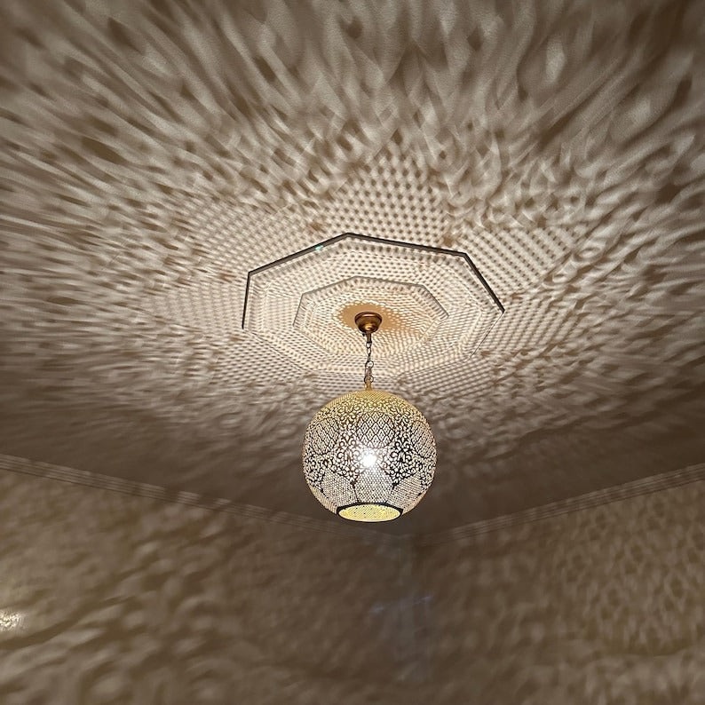 Handmade Moroccan Brass Pendant Light – Pierced Globe Lantern with Arabesque Floral Cutouts, Shadow Casting Moorish Ceiling Light for Dining Room, Living Room & Entryway