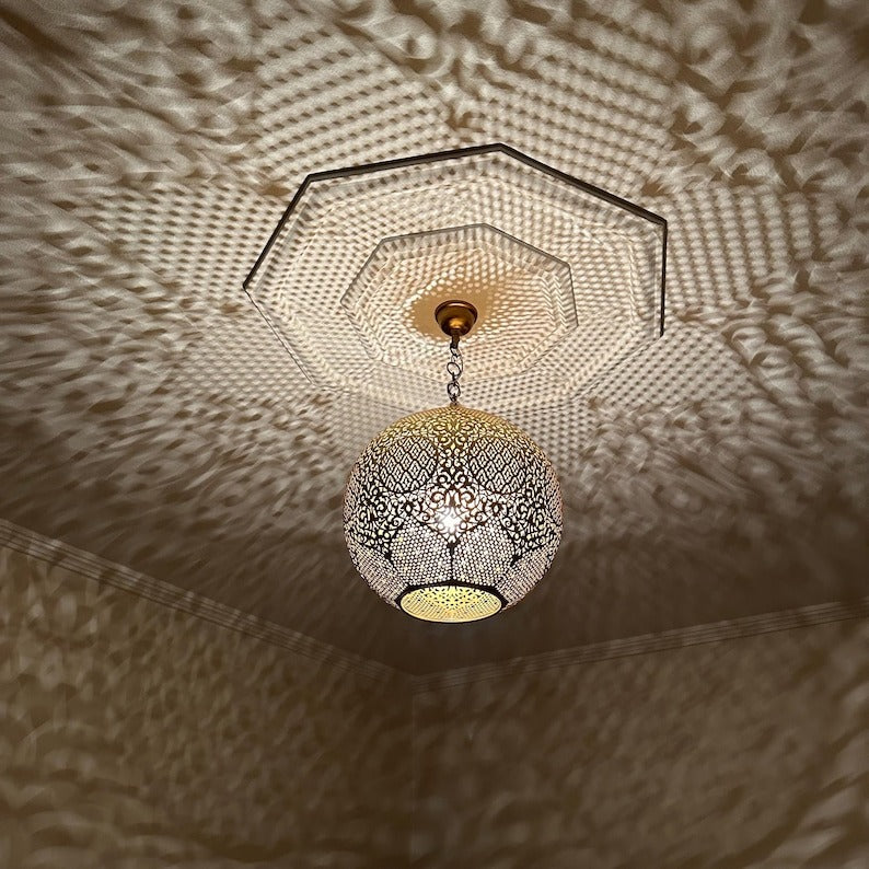 Handmade Moroccan Brass Pendant Light – Pierced Globe Lantern with Arabesque Floral Cutouts, Shadow Casting Moorish Ceiling Light for Dining Room, Living Room & Entryway