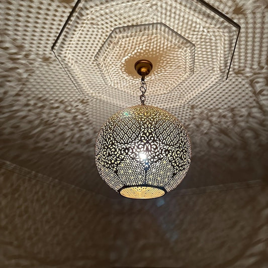 Handmade Moroccan Brass Pendant Light – Pierced Globe Lantern with Arabesque Floral Cutouts, Shadow Casting Moorish Ceiling Light for Dining Room, Living Room & Entryway