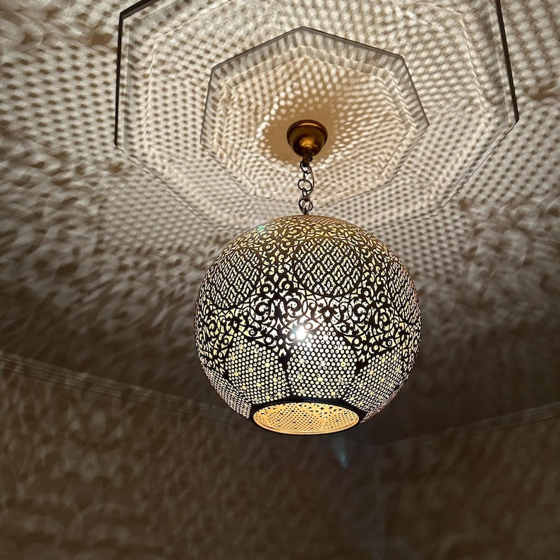 Handmade Moroccan Brass Pendant Light – Pierced Globe Lantern with Arabesque Floral Cutouts, Shadow Casting Moorish Ceiling Light for Dining Room, Living Room & Entryway